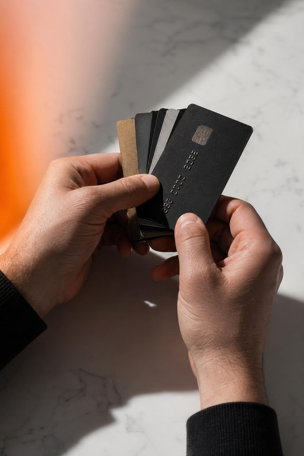Hands holding a fan of premium matte black cards