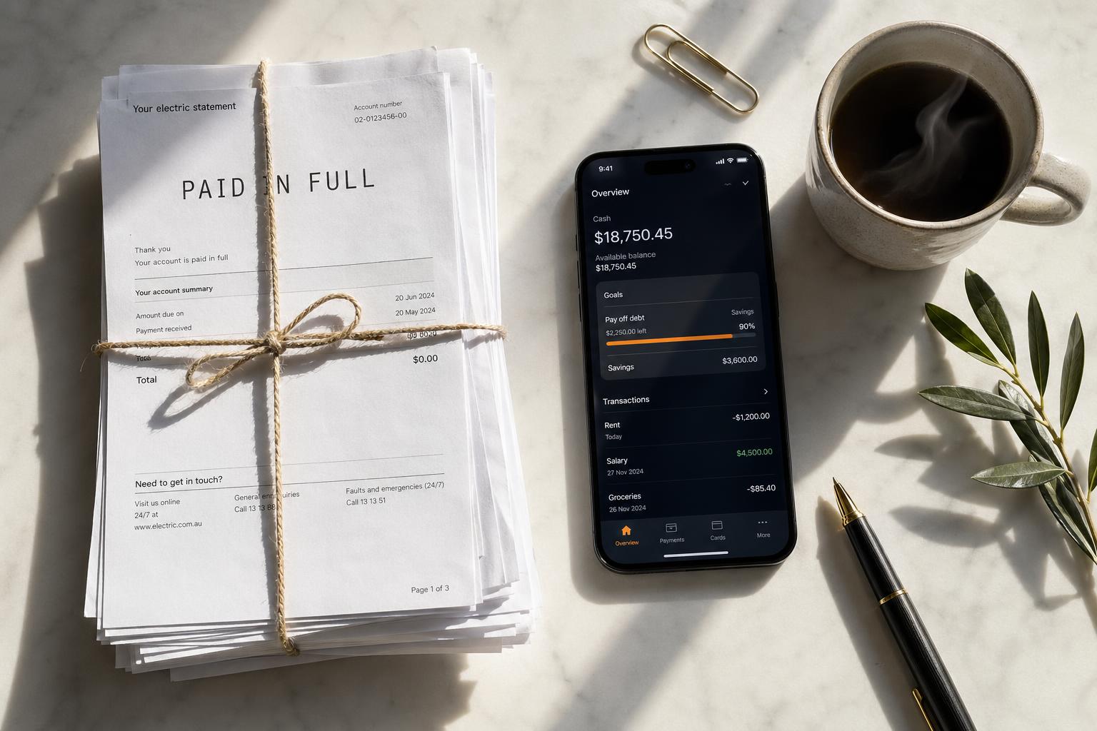 Stack of bills marked Paid in Full beside a phone showing a finance dashboard