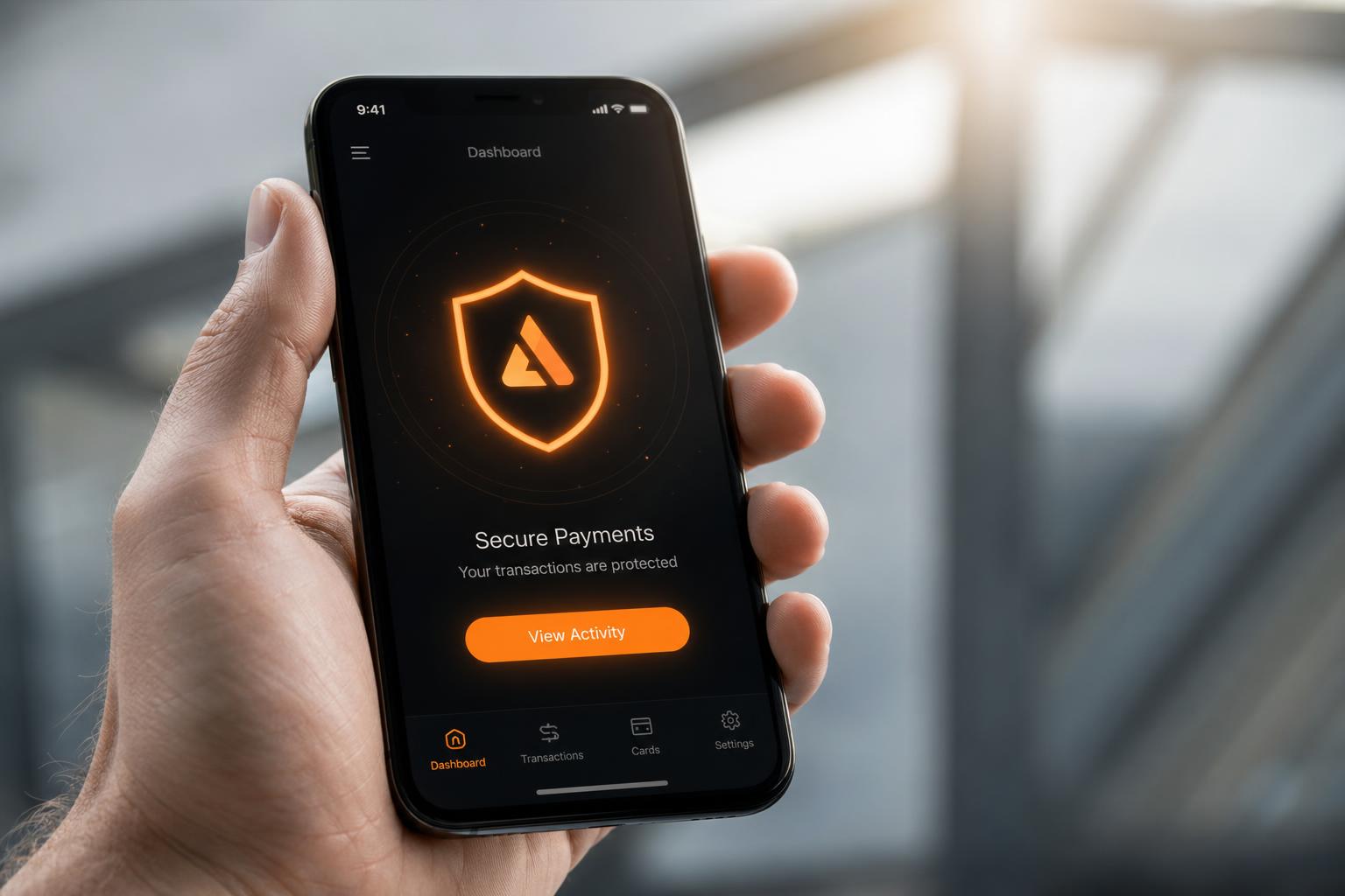 Hand holding a phone showing a secure shield icon