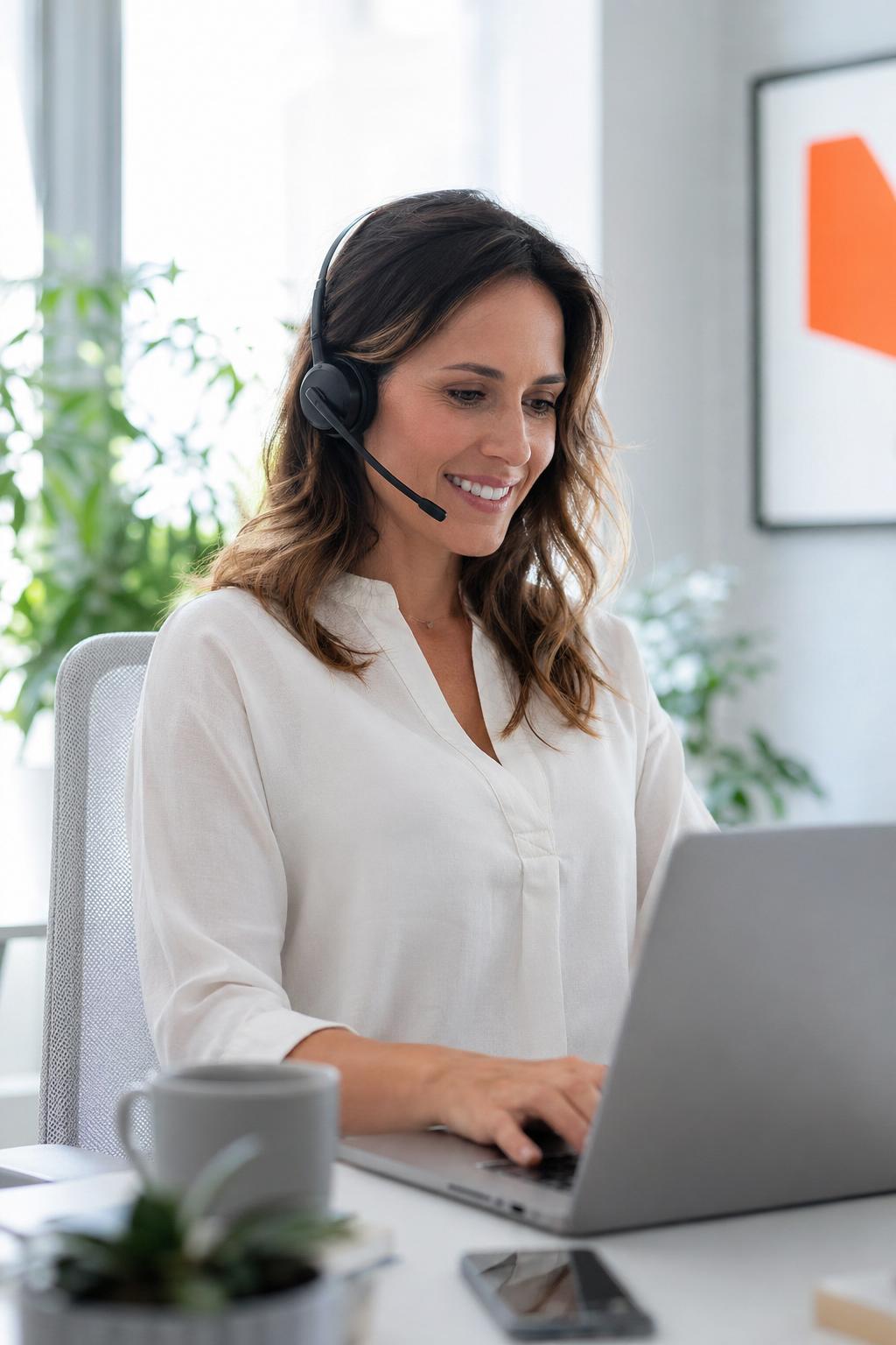 Specialist with headset reviewing options on a laptop