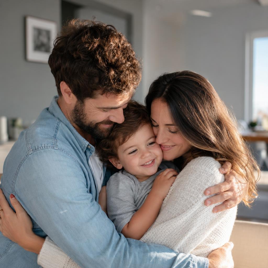 Family hugging in a sunlit living room
